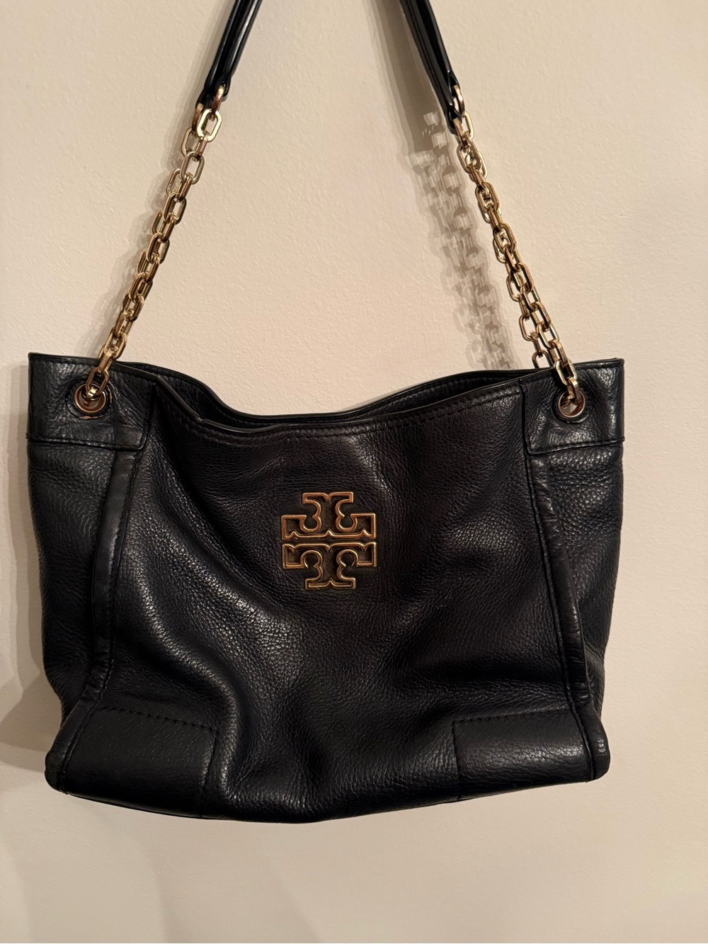 Tory Burch Black Pebbled Leather Shoulder Tote with Gold Logo Chain